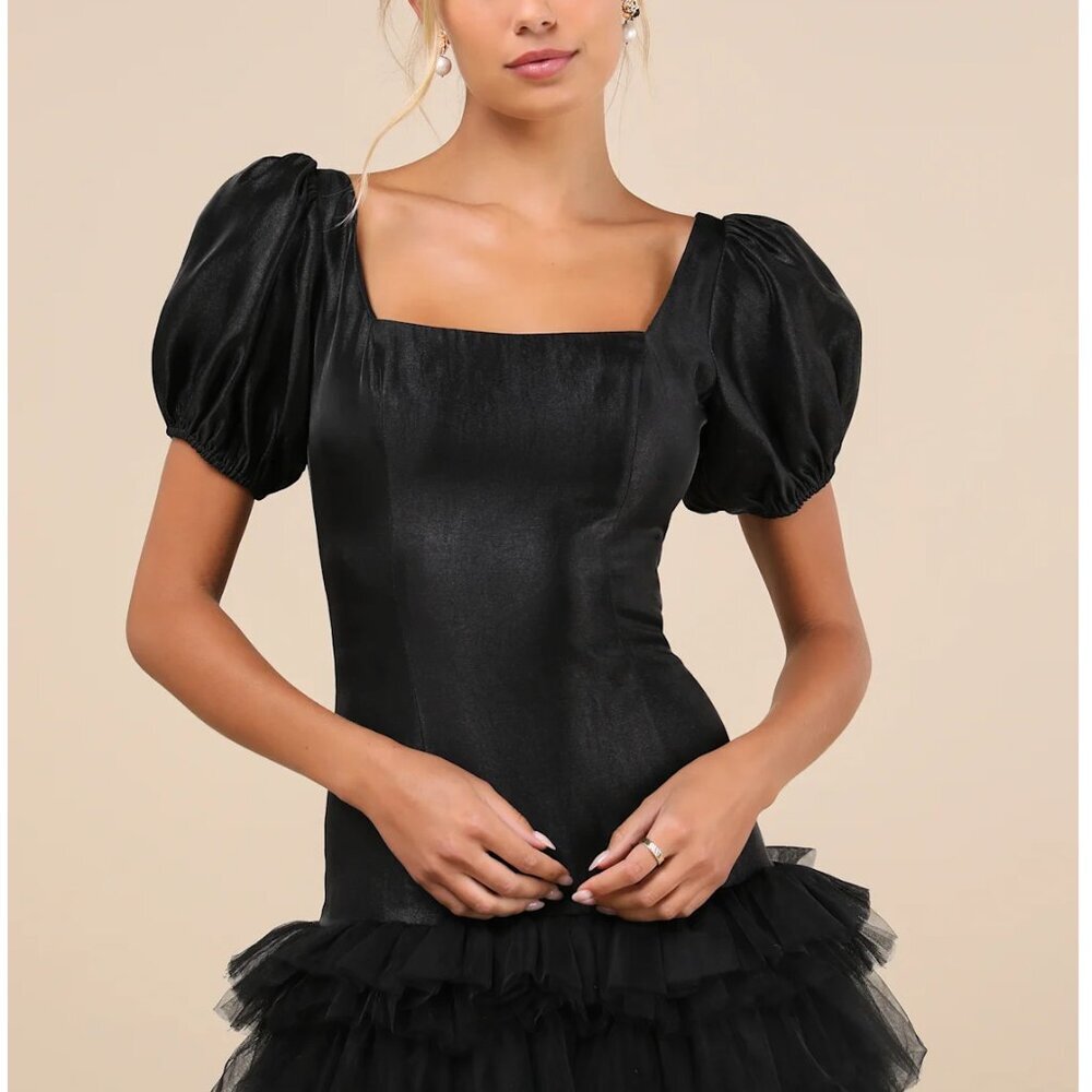 Lulus Notably Fabulous Black Taffeta Tiered Puff Sleeve Mini Dress - Size XS - Picture 5 of 5